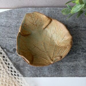 Studio Art Pottery Leaf Shape Speckled Glaze Earthy Tan Blue Trinket Bowl
